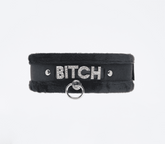 Love In Leather Diamante Bitch Fluffy Bondage Collar - Black - Collars and Leads